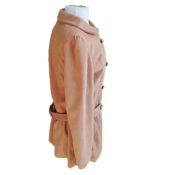 New Classic Style Camel Double Breasted Ruffled Belted Faux Wool Pea Coat - Picture 4 of 5